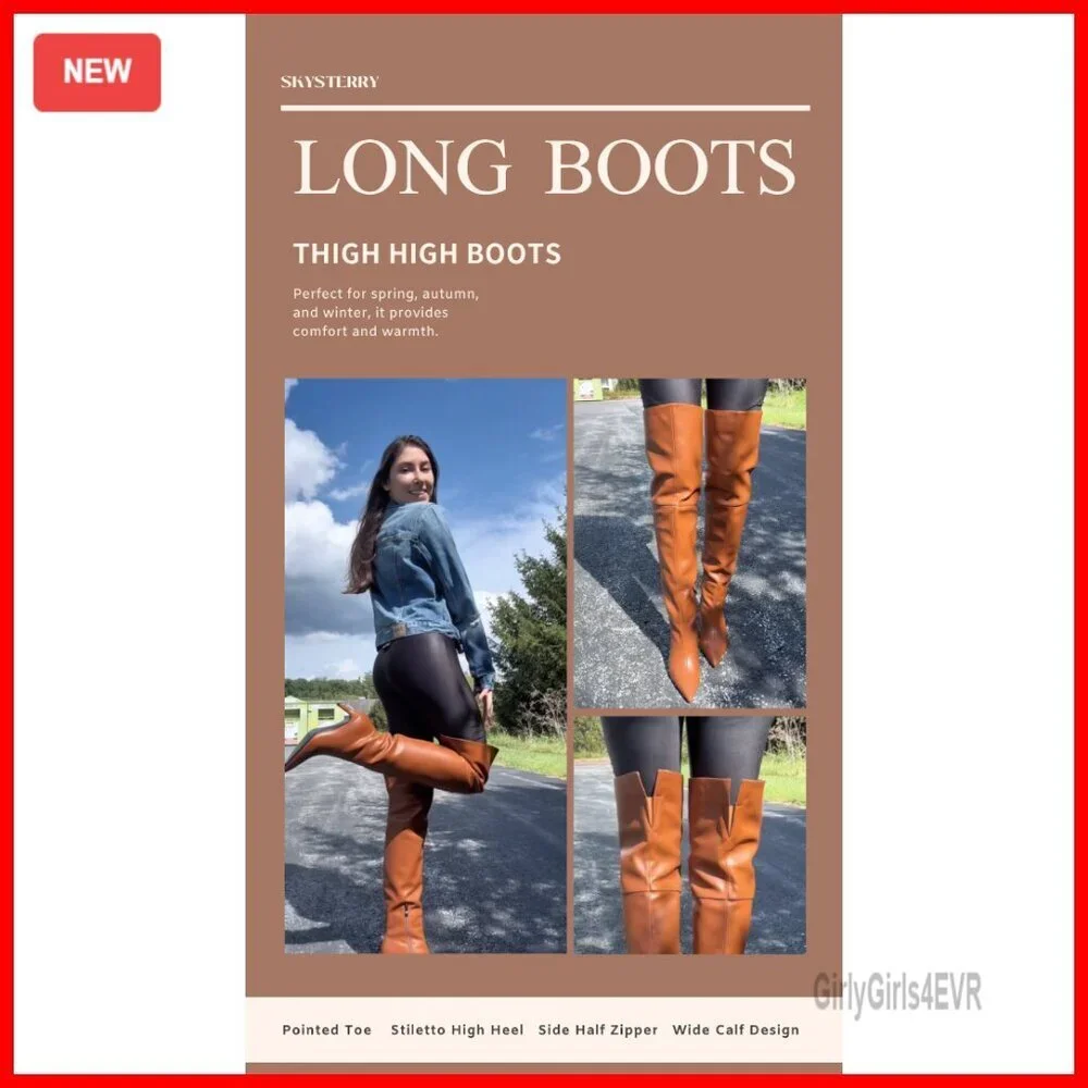 Thigh High Over Knee Boots Pointed Toe 2.4 Inch Heel Wide Calf Side Zipper
